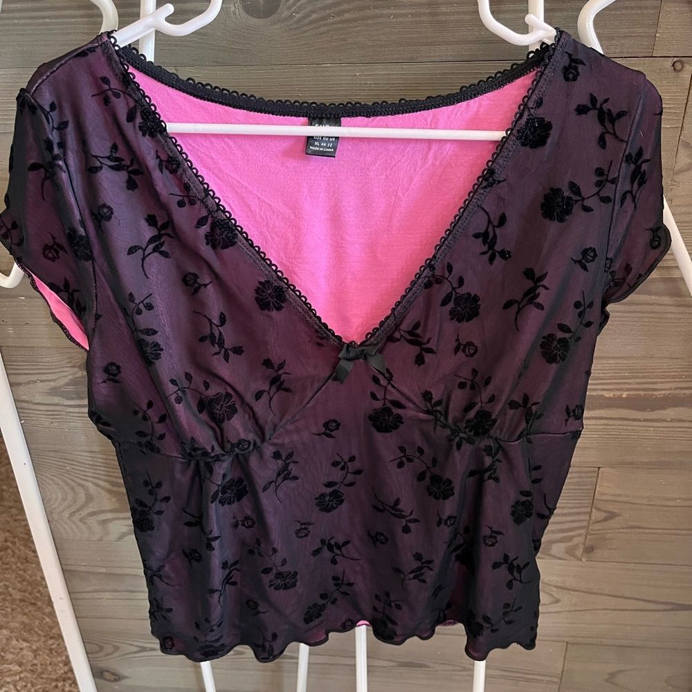 SHEIN ICON 90s Floral Print Bow Front Lettuce Trim Crop Mesh Tee Y2K XL - Picture 6 of 12